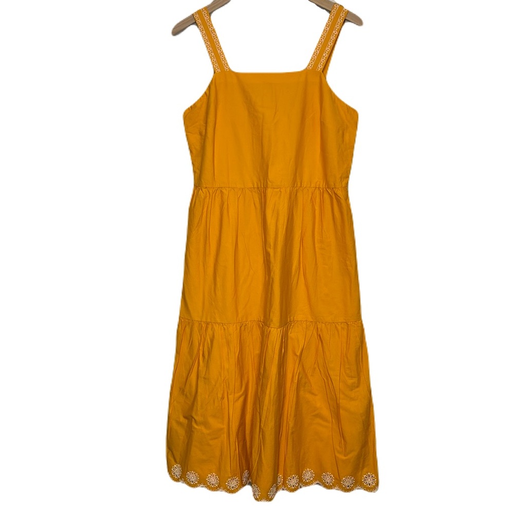 J. Crew 6 Yellow Floral Eyelet Trim Tiered Sundress Square Neck Scallop Edge
